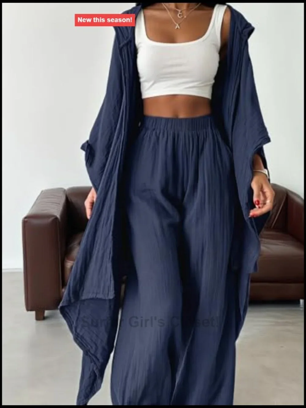 2 Piece Outfit Hooded Kimono Cardigan High Waisted Pants Casual Suit Set